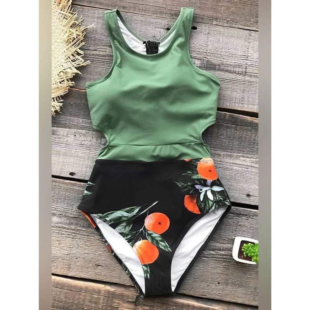NWT Cupshe Miss U Citrus Print Cutout One Piece Swimsuit Zip Back Tie Waist Sz M